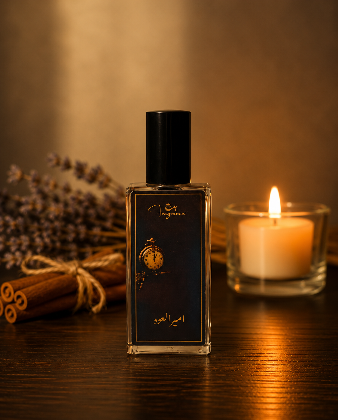 A rectangular glass perfume bottle with a black cap and a dark label featuring a gold pocket watch illustration and Arabic text, styled on a wooden surface with a lit candle and dried lavender in the background.